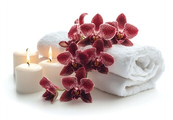 Aufkleber - Elegant Spa Still Life with White Towels Candles and Red Orchid Flowers Serene Relaxation Treatment Beauty and Wellness : Generative AI