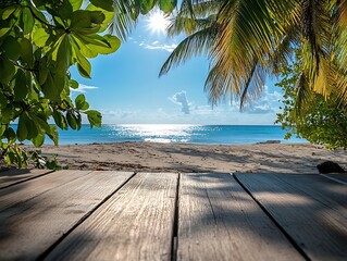 Fototapete - Tropical Paradise Beach View Framed by Lush Greenery and Blue Ocean for Relaxing Vacation Getaway : Generative AI