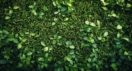 Poster - Lush Green Grass and Clover Ground Cover Nature Background Fresh Spring Growth Texture Lawn Close Up : Generative AI