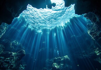Fototapete - Stunning underwater cave illuminated by beams of sunlight shining through the water surface : Generative AI
