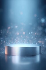 Poster - futuristic podium with metallic sheen and cosmic starry background glowing softly with light and off