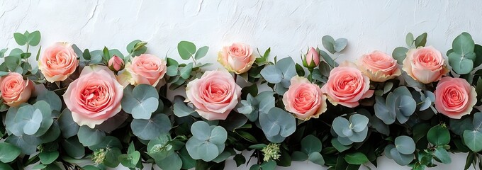Poster - Elegant Floral Arrangement with Pastel Roses and Eucalyptus Wedding Decor Delicate Romance Natural Beauty Botanical Freshness : Generative AI