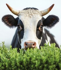 Poster - Close Up Portrait of a Holstein Cow with Horns Peeking Over Green Bushes Farm Animal Livestock Dairy Farming Agriculture : Generative AI