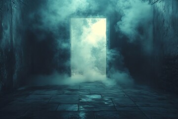 Poster - Mysterious Doorway with Fog Light at the End of Tunnel Eerie Scene Spooky Hope Escape Concept Art : Generative AI