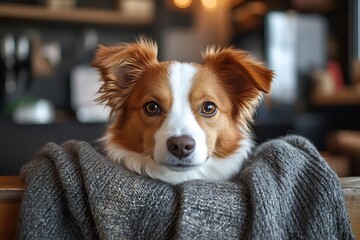 Poster - Cute Brown and White Border Collie Dog Portrait with Fluffy Fur Relaxing Indoors Cozy Pet Animal Friend Companion : Generative AI