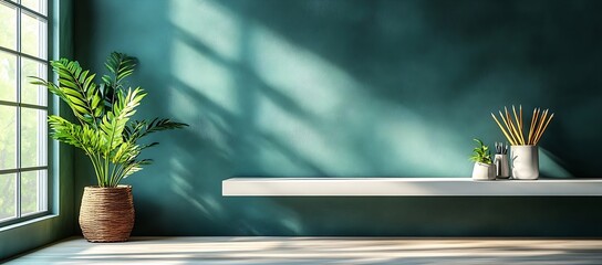 Leinwandbilder - Stylish Minimalist Room with Plant Art Supplies and Sunlight Interior Design Green Wall Decorative Elements Home Decor Serene : Generative AI