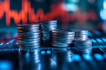 Aufkleber - Stacks of Coins with Stock Market Graph in Background Illustrating Financial Growth and Investment Opportunities : Generative AI
