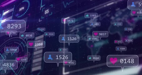 Poster - Animation of social media notifications and analytics overlaying digital world map