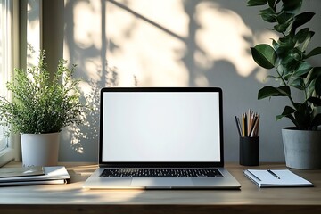 Fototapete - Laptop and Plants on Desk with Window Shadow Minimalist Home Office and Remote Work Setup Photo : Generative AI