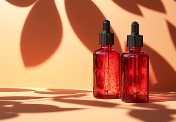 Poster - Two Red Glass Bottles with Droppers Beauty Product Mockup with Leaf Shadows Skin Care Photography : Generative AI