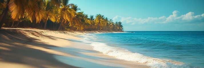 Poster - Tropical Beach Scene with Palm Trees Turquoise Water and White Sand Paradise Vacation Summer Getaway Coastal Landscape : Generative AI