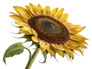 Aufkleber - Close-up of a vibrant sunflower with yellow petals, brown disk florets, and green leaves against  png