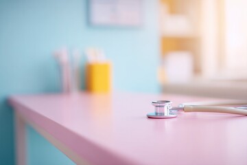Poster - pastel-colored pediatrician office with focus on clean empty examination table and medical tools blurred in background