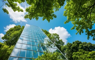 Poster - Verdant Canopy View, Clear Blue Sky, White Clouds. Green Trees Frame Modern Architecture Reflecting Nature. Serene Scene Showcasing Harmony With The Environment. A Tranquil Escape.