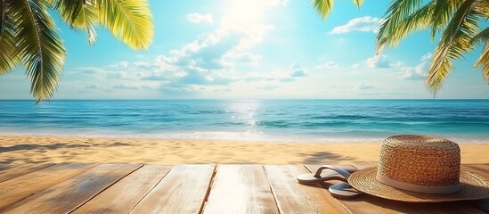 Aufkleber - Beach with Hat and Flip Flops on Wooden Deck Tropical Summer Vacation Scene with Ocean View and Relaxation : Generative AI