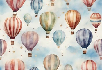 Wall Mural - watercolor stripes vintage seamless air hand balloon hot drawn flag pattern collage pastel garlands stars illustration abstract old blue bright children cartoon fly gold happy brush design fabric