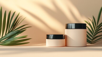 Poster - Minimalist packaging design showcasing two skincare jars surrounded by green palm leaves for a natural look : Generative AI