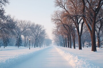 Poster - quiet winter park with line of bare trees their shadows stretching across snow-covered paths