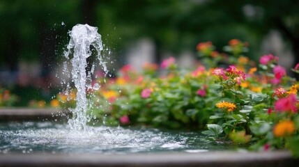Poster - refreshing capture of water fountain surrounded by colorful flowers with clean background allowing a