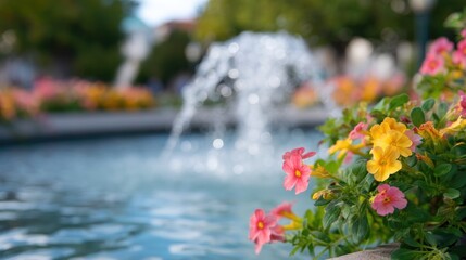 Poster - refreshing capture of water fountain surrounded by colorful flowers with clean background allowing a