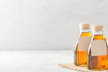 Poster - rustic display of maple syrup bottles with handmade labels placed on burlap cloth under natural ligh