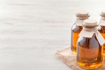 Poster - rustic display of maple syrup bottles with handmade labels placed on burlap cloth under natural ligh