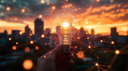 Poster - Creative Lightbulb in Hand Against City Sunset Concept for Innovation Ideas Inspiration and Bright Future with Skyline : Generative AI