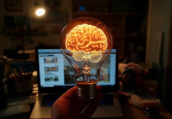 Poster - Glowing Brain in Light Bulb Idea Generation Creative Thinking and Innovation Concepts for Business and Science : Generative AI