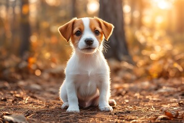Poster - Adorable Jack Russell Puppy Sitting Pretty in Golden Light of Autumn Forest with Cute Face and Playful Expression : Generative AI