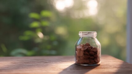 Poster - serene image of jar filled with coins symbolizing savings for future pensions placed on wooden table with ample copy