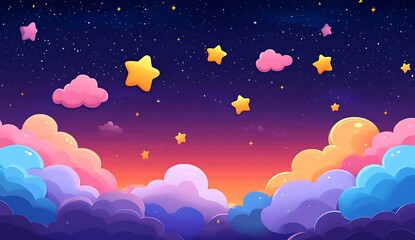 Leinwandbilder - Vibrant sunset horizon with whimsical clouds and playful stars in a serene landscape : Generative AI