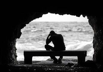 Aufkleber - Thoughtful man sitting on a bench in a rocky tunnel while gazing at the turbulent sea : Generative AI