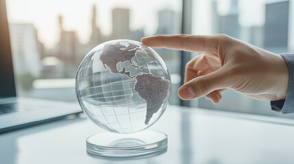 Poster - Hand holding transparent globe in office setting representing sustainable planning, global strategy and environmental awareness, Generative AI