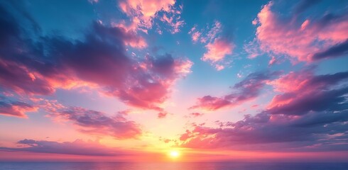 Aufkleber - Vibrant Sunrise Over Ocean Breathtaking Seascape with Pink Clouds and Golden Light for Inspirational Backgrounds and Wall Art : Generative AI