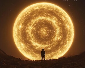 a lone human observing a giant luminous celestial body
