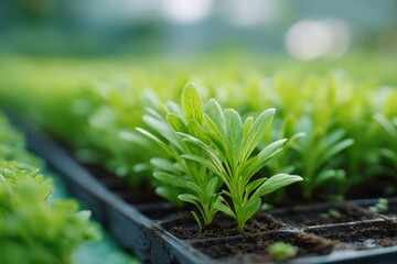 Poster - serene shot of plant nursery with rows of seedlings growing in trays environment bright and organize