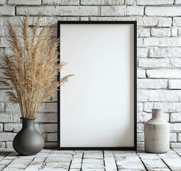 Aufkleber - Blank Frame Mockup with Pampas Grass and Vases on White Brick Wall for Interior Design and Decoration : Generative AI
