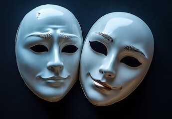 Aufkleber - Elegant close up of two theatrical masks symbolizing drama with intricate features in stark contrast on a dark surface : Generative AI