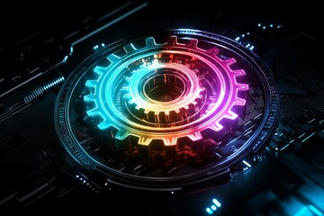 Aufkleber - Vibrant translucent gear rendered in colorful glass with neon reflections, showcasing modern mechanics and futuristic industry, Generative AI