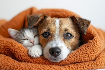 Poster - Adorable Kitten and Dog Snuggled Together in Cozy Orange Blanket Cute Pet Friendship Animal Love Companions : Generative AI