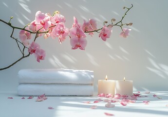 Aufkleber - Serene Spa Still Life Pink Orchids White Towels and Candlelight for Relaxation and Wellness Perfect for Meditation : Generative AI