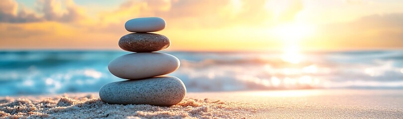 Aufkleber - Zen Stones Stacked on Beach at Sunset Symbolizing Balance Harmony and Peaceful Mindfulness Practice : Generative AI