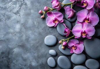 Aufkleber - Stunning display of vibrant pink orchids alongside dark pebbles enhancing a tranquil atmosphere : Generative AI