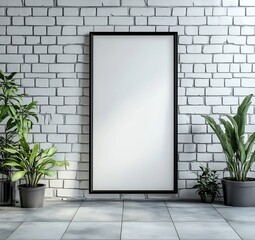 Aufkleber - blank poster frame on brick wall with green plants minimalist interior design mockup for art display
