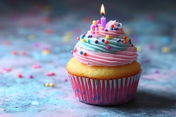 Poster - Delicious Birthday Cupcake with Candle Festive Celebration Sweet Treat Colorful Sprinkles Party Food Dessert Bakery Confection : Generative AI