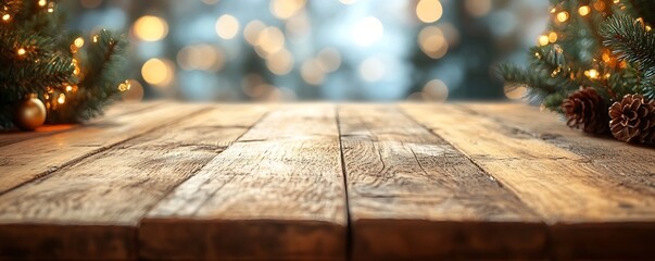 Poster - Rustic Wooden Table Top with Christmas Tree and Holiday Lights Background Festive Holiday Scene for Product Placement : Generative AI