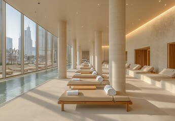 Aufkleber - Luxury Resort Interior with Lounge Chairs by Pool Promotes Relaxation Travel and High End Vacations : Generative AI