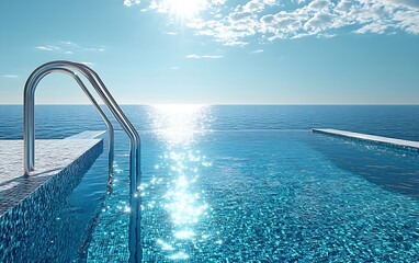 Poster - Infinity Pool Overlooking Ocean on Sunny Day Luxurious Vacation Destination Serene Tropical Scenery with Clear Blue Water : Generative AI