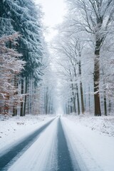 Poster - snowy road with fresh tire tracks leading into forest image capturing contrast of white snow and bla
