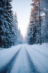 Poster - snowy road with fresh tire tracks leading into forest image capturing contrast of white snow and bla